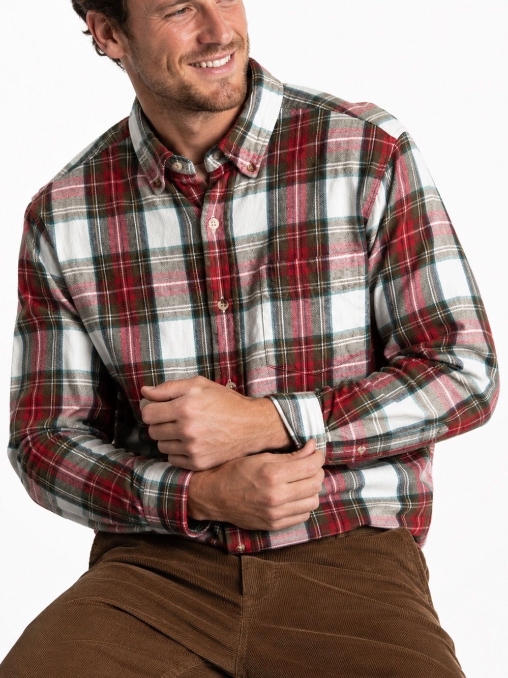 RedHead Brand Co Mens M 100% Cotton Plaid Flannel Shirt Red Green Cream